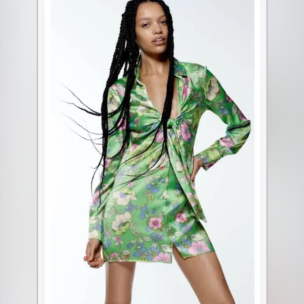 Zara Satin Effect Tropical Floral Print Mini Dress size M